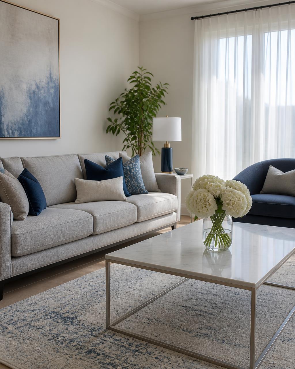 Bright, freshly cleaned living room with blue accents and white flowers