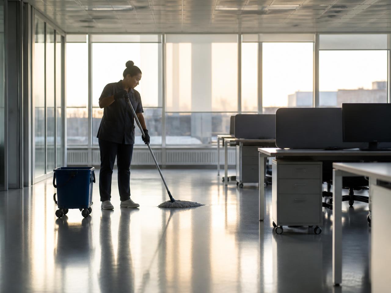 Cleaner mopping the floor of a modern office space