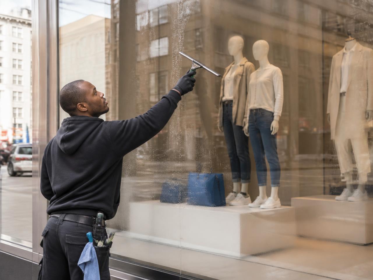 Cleaner squeegeeing a large storefront window